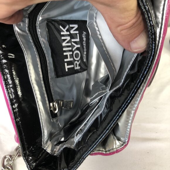 Think Royln Bag Womens Pink Black Patent Quilted Chain Crossbody Shoulder Purse - Picture 14 of 16